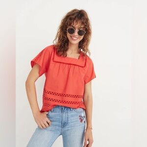 Madewell Eyelet Angelica Top | Red Peasant Blouse | Cotton Eyelet Lace XS